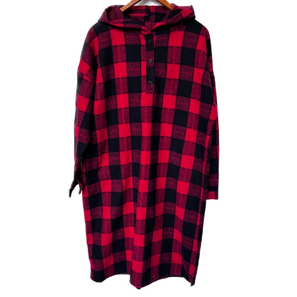 Coat Dress Buffalo Check Long With Hood Size XL Back & Red Plaid Pull On Henley - Picture 1 of 7